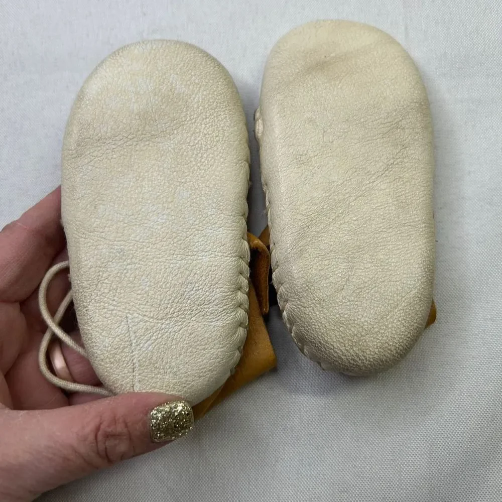Vintage Infant Baby Brown Bootie Leather Moccasins Soft Sole Cozy Shoes